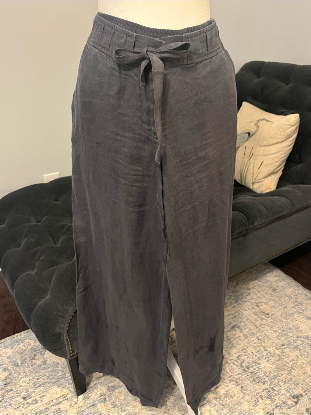LOFT Linen Charcoal Wide Leg Drawstring Pants